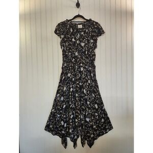 Knox Rose Black Floral Handkerchief Hem Midi Dress Smocked Waist Womens M Gypsy
